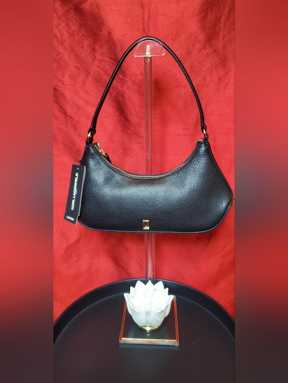 NWT KARL LAGERFELD Black Pebbled Leather Shoulder Bag